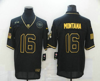 Men's San Francisco 49ers #16 Joe Montana Black Gold 2020 Salute To Service Stitched NFL Nike Limited Jersey