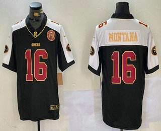 Men's San Francisco 49ers #16 Joe Montana Black Gold FUSE Gate Bridge Patch Vapor Limited Stitched Jersey