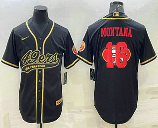 Men's San Francisco 49ers #16 Joe Montana Black Gold Team Big Logo With Patch Cool Base Stitched Baseball Jersey