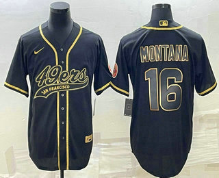 Men's San Francisco 49ers #16 Joe Montana Black Gold With Patch Cool Base Stitched Baseball Jersey