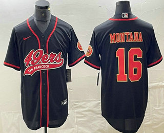 Men's San Francisco 49ers #16 Joe Montana Black Red With Patch Cool Base Stitched Baseball Jersey