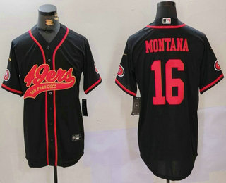 Men's San Francisco 49ers #16 Joe Montana Black With Patch Cool Base Stitched Baseball Jersey