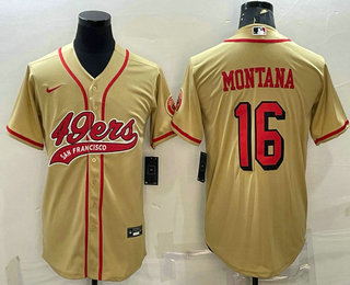 Men's San Francisco 49ers #16 Joe Montana Gold Color Rush With Patch Cool Base Stitched Baseball Jersey