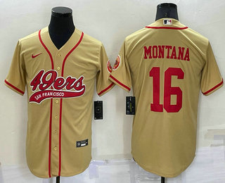 Men's San Francisco 49ers #16 Joe Montana Gold Stitched Cool Base Nike Baseball Jersey