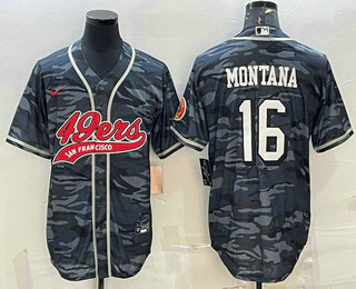 Men's San Francisco 49ers #16 Joe Montana Grey Camo With Patch Cool Base Stitched Baseball Jersey