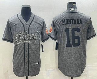 Men's San Francisco 49ers #16 Joe Montana Grey Gridiron With Patch Cool Base Stitched Baseball Jersey