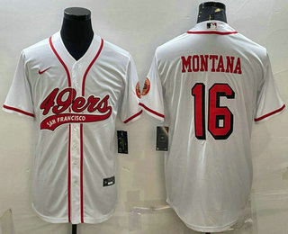 Men's San Francisco 49ers #16 Joe Montana New White With Patch Cool Base Stitched Baseball Jersey