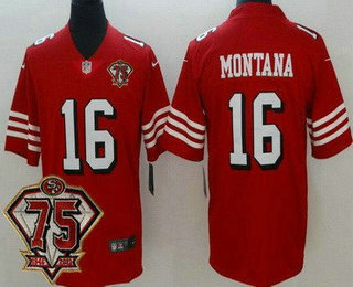 Men's San Francisco 49ers #16 Joe Montana Red 75th 2021 Color Rush Vapor Untouchable Limited Jersey