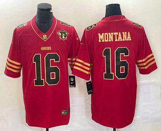 Men's San Francisco 49ers #16 Joe Montana Red 75th Patch Golden Edition Stitched Nike Limited Jersey