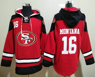 Men's San Francisco 49ers #16 Joe Montana Red Ageless Must Have Lace Up Pullover Hoodie