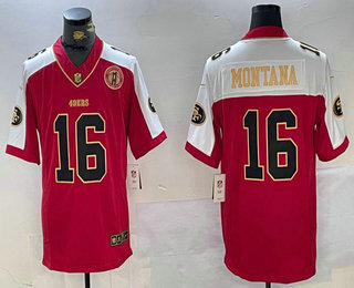 Men's San Francisco 49ers #16 Joe Montana Red Gold FUSE Gate Bridge Patch Vapor Limited Stitched Jersey