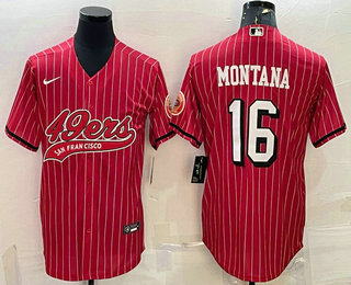 Men's San Francisco 49ers #16 Joe Montana Red Pinstripe Color Rush With Patch Cool Base Stitched Baseball Jersey