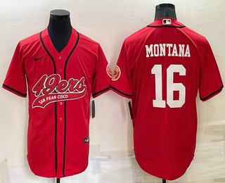 Men's San Francisco 49ers #16 Joe Montana Red Stitched Cool Base Nike Baseball Jersey