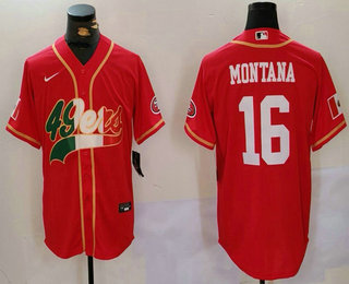 Men's San Francisco 49ers #16 Joe Montana Red With Patch Cool Base Stitched Baseball Jersey