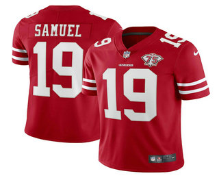 Men's San Francisco 49ers #19 Deebo Samuel Red 75th Anniversary Patch 2021 Vapor Untouchable Stitched Nike Limited Jersey