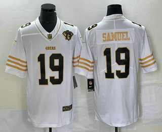 Men's San Francisco 49ers #19 Deebo Samuel White 75th Patch Golden Edition Stitched Nike Limited Jersey