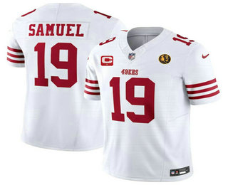 Men's San Francisco 49ers #19 Deebo Samuel White C And John Madden Patch 2023 FUSE Vapor Limited Stitched Jersey