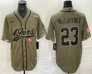 Men's San Francisco 49ers #23 Christian McCaffrey 2022 Olive Salute to Service Cool Base Stitched Baseball Jersey