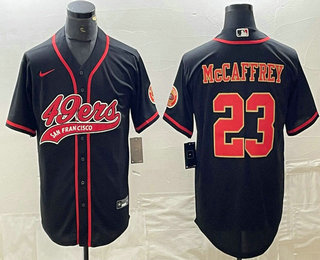 Men's San Francisco 49ers #23 Christian McCaffrey Black Red With Patch Cool Base Stitched Baseball Jersey