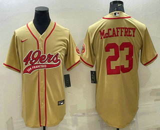 Men's San Francisco 49ers #23 Christian McCaffrey Gold With Patch Cool Base Stitched Baseball Jersey