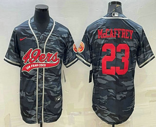 Men's San Francisco 49ers #23 Christian McCaffrey Grey Camo With Patch Cool Base Stitched Baseball Jersey