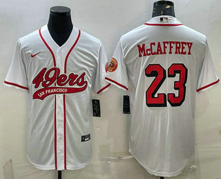 Men's San Francisco 49ers #23 Christian McCaffrey New White With Patch Cool Base Stitched Baseball Jersey