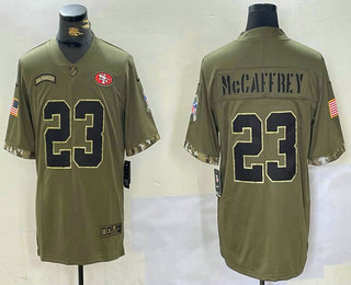 Men's San Francisco 49ers #23 Christian McCaffrey Olive 2022 Salute To Service Limited Stitched Jersey