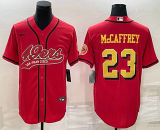 Men's San Francisco 49ers #23 Christian McCaffrey Red Gold With Patch Cool Base Stitched Baseball Jersey