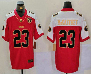 Men's San Francisco 49ers #23 Christian McCaffrey Red Golden With Patch FUSE Vapor Limited Stitched Jersey