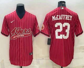 Men's San Francisco 49ers #23 Christian McCaffrey Red Pinstripe With Patch Cool Base Stitched Baseball Jersey