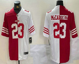 Men's San Francisco 49ers #23 Christian McCaffrey Red White Split Vapor Limited Stitched Jersey