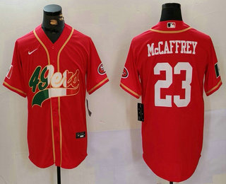 Men's San Francisco 49ers #23 Christian McCaffrey Red With Patch Cool Base Stitched Baseball Jersey