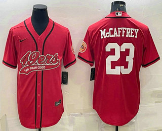 Men's San Francisco 49ers #23 Christian McCaffrey Red With Patch Cool Base Stitched Baseball Jersey