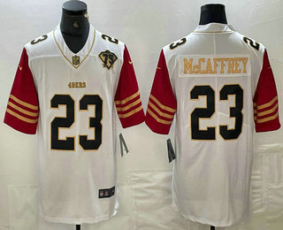 Men's San Francisco 49ers #23 Christian McCaffrey White 75th Patch Golden Edition Stitched Nike Limited Jersey