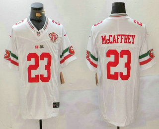 Men's San Francisco 49ers #23 Christian McCaffrey White FUSE Mexico 75TH Patch Vapor Limited Stitched Jersey