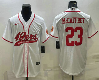 Men's San Francisco 49ers #23 Christian McCaffrey White With Patch Cool Base Stitched Baseball Jersey