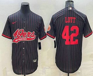 Men's San Francisco 49ers #42 Ronnie Lott Black Pinstripe With Patch Cool Base Stitched Baseball Jersey