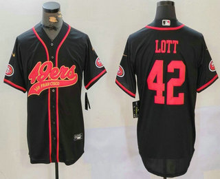 Men's San Francisco 49ers #42 Ronnie Lott Black With Patch Cool Base Stitched Baseball Jersey