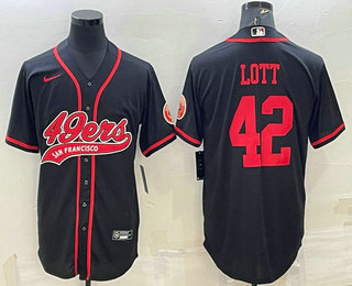 Men's San Francisco 49ers #42 Ronnie Lott Black With Patch Cool Base Stitched Baseball Jersey