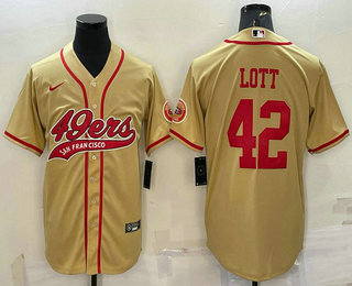 Men's San Francisco 49ers #42 Ronnie Lott Gold With Patch Cool Base Stitched Baseball Jersey