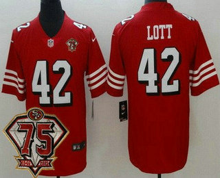 Men's San Francisco 49ers #42 Ronnie Lott Red 75th 2021 Color Rush Vapor Untouchable Limited Jersey