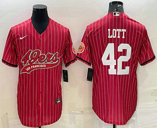 Men's San Francisco 49ers #42 Ronnie Lott Red Pinstripe With Patch Cool Base Stitched Baseball Jersey