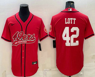 Men's San Francisco 49ers #42 Ronnie Lott Red With Patch Cool Base Stitched Baseball Jersey