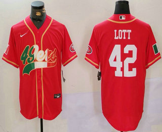 Men's San Francisco 49ers #42 Ronnie Lott Red With Patch Cool Base Stitched Baseball Jersey