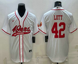 Men's San Francisco 49ers #42 Ronnie Lott White With Patch Cool Base Stitched Baseball Jersey