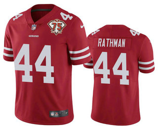 Men's San Francisco 49ers #44 Tom Rathman Red 75th Anniversary Patch 2021 Vapor Untouchable Stitched Nike Limited Jersey