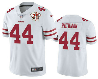 Men's San Francisco 49ers #44 Tom Rathman White 75th Anniversary Patch 2021 Vapor Untouchable Stitched Nike Limited Jersey