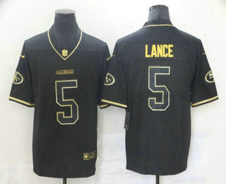 Men's San Francisco 49ers #5 Trey Lance Black 100th Season Golden Edition Jersey