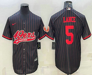 Men's San Francisco 49ers #5 Trey Lance Black With Patch Cool Base Stitched Baseball Jersey