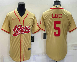 Men's San Francisco 49ers #5 Trey Lance Gold Stitched Cool Base Nike Baseball Jersey